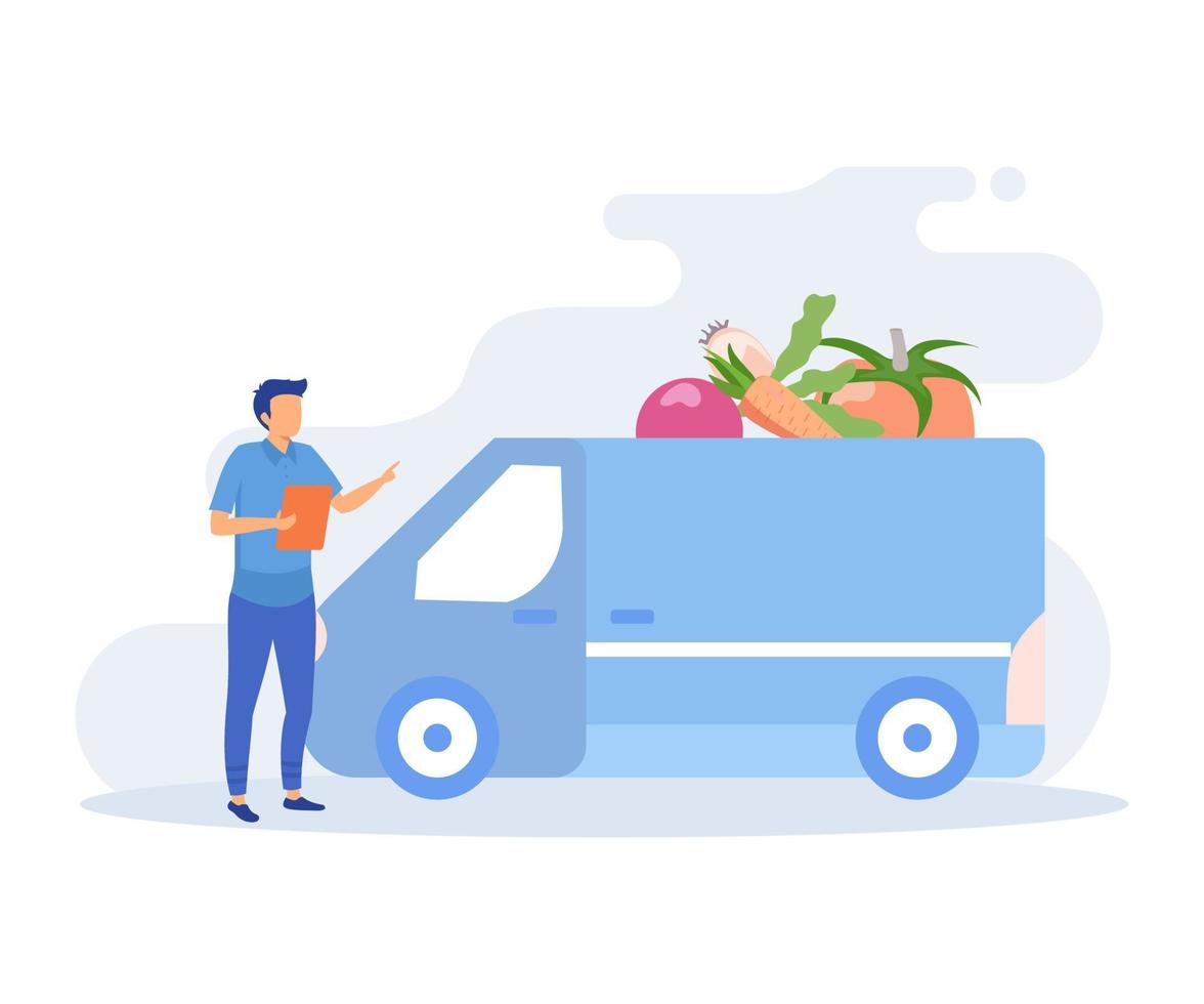 ilustração de transporte de mercearia. personagem comprando vegetais orgânicos frescos on-line, pagando por um pedido e recebendo mantimentos entregues. ilustração moderna de vetor plano