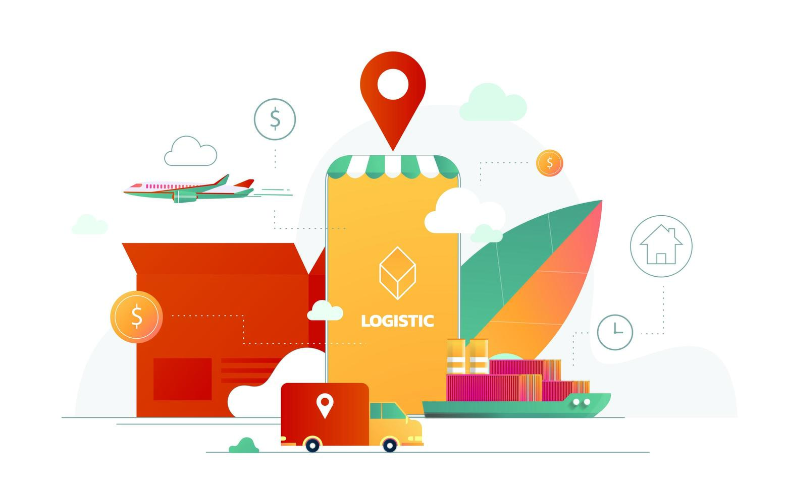 ilustração em vetor entrega serviço para tecnologia de aplicativo móvel de transporte de logística. design de cartaz isométrico de smartphone e caminhão de entrega.