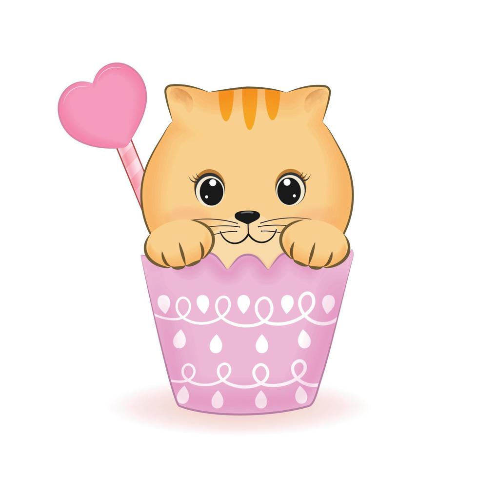 lindo gatinho laranja na xícara de cupcake ilustração de desenho animado animal vetor