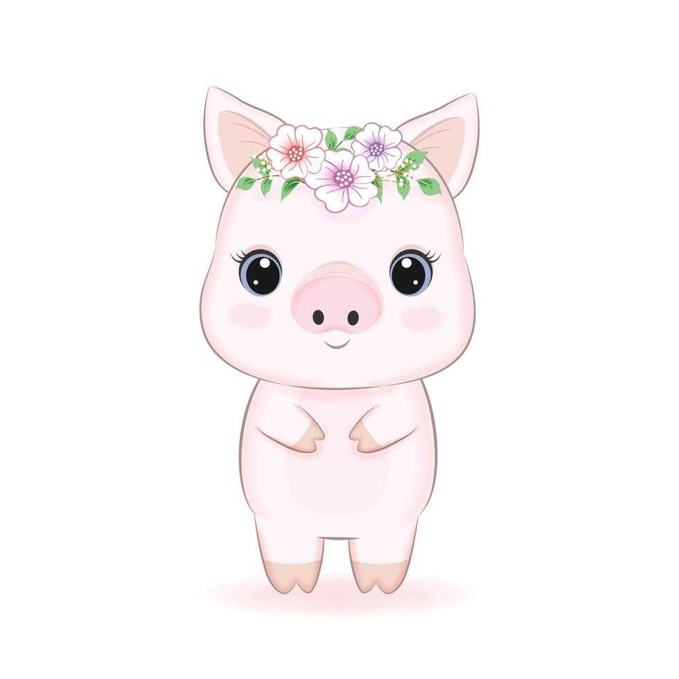 porquinho bonitinho com flora, ilustração de desenho animado vetor