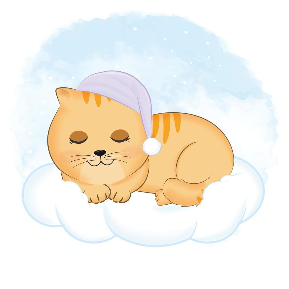 lindo gatinho laranja dormindo na nuvem ilustração dos desenhos animados de animais vetor
