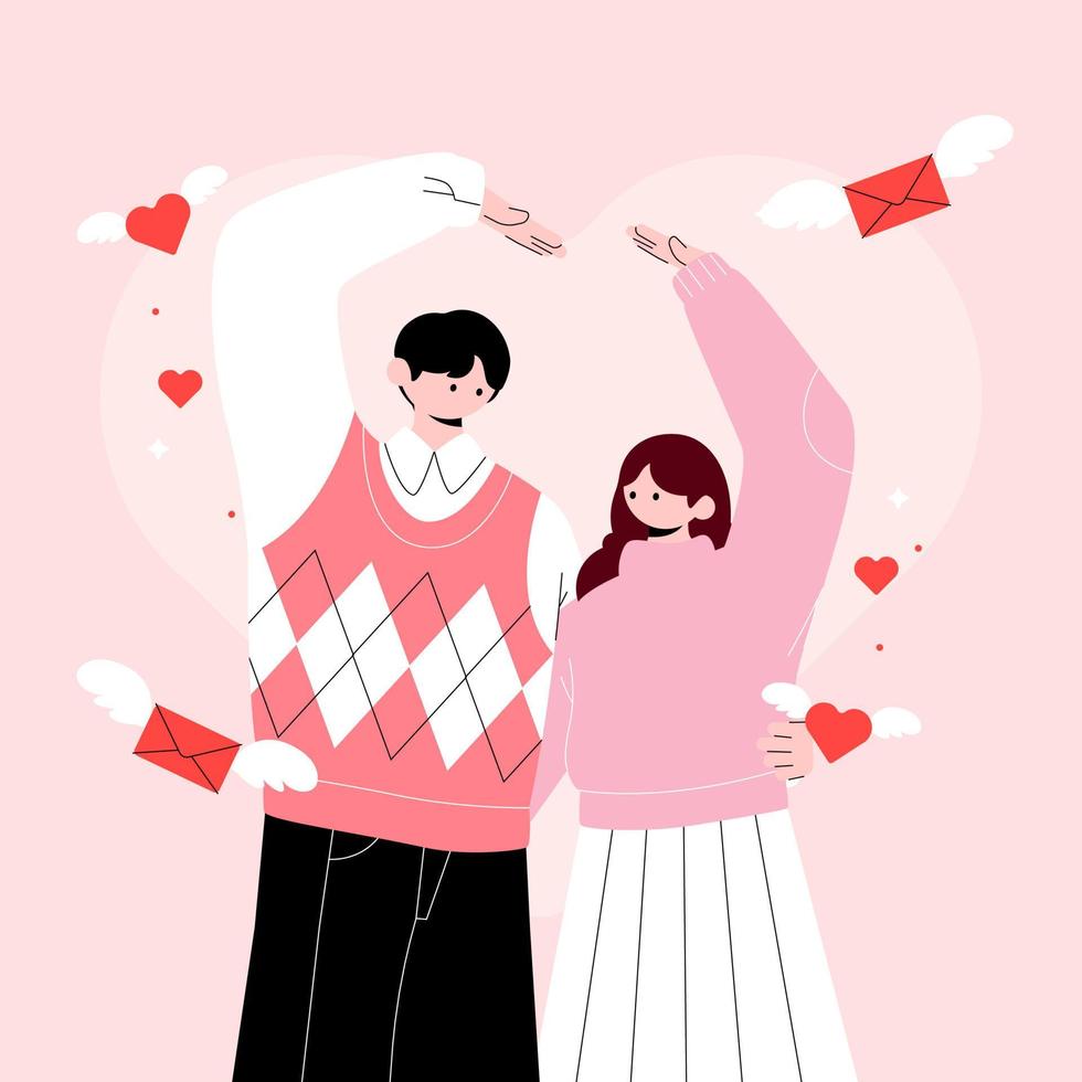 ilustração vetorial de dia dos namorados na moda sinal de amor casal fofo relações humanas amor ilustração vetorial plana de desenho animado vetor