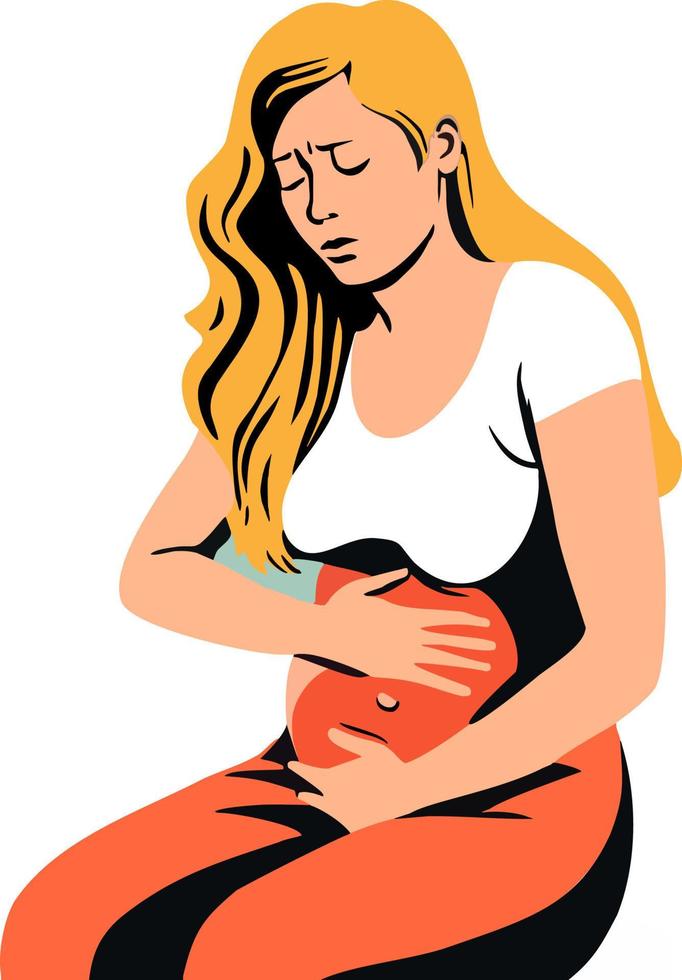 mulher com dor de estômago com a mão no estômago. ilustração em vetor dos desenhos animados. períodos femininos dolorosos