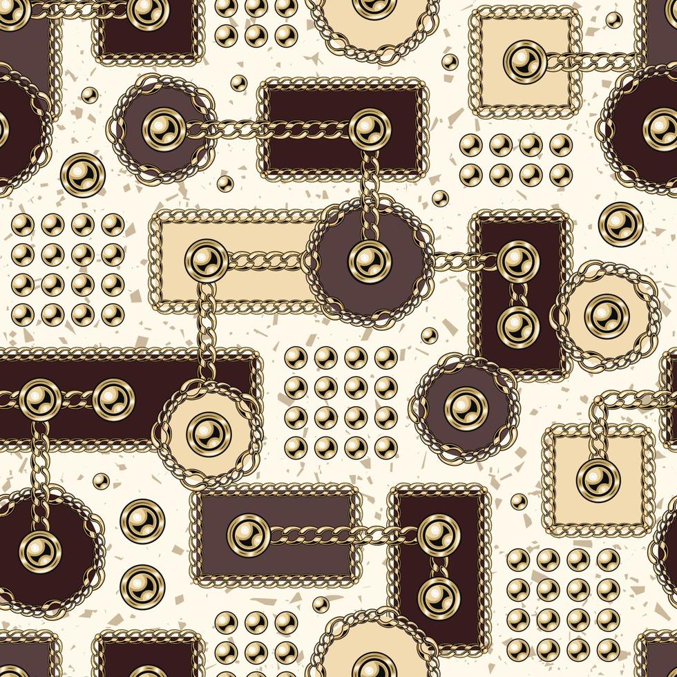 padrão abstrato sem costura com formas geométricas, correntes de ouro, miçangas, botões. círculos, retângulos, quadrados em composição aleatória. inspirado no estilo memphis. vetor