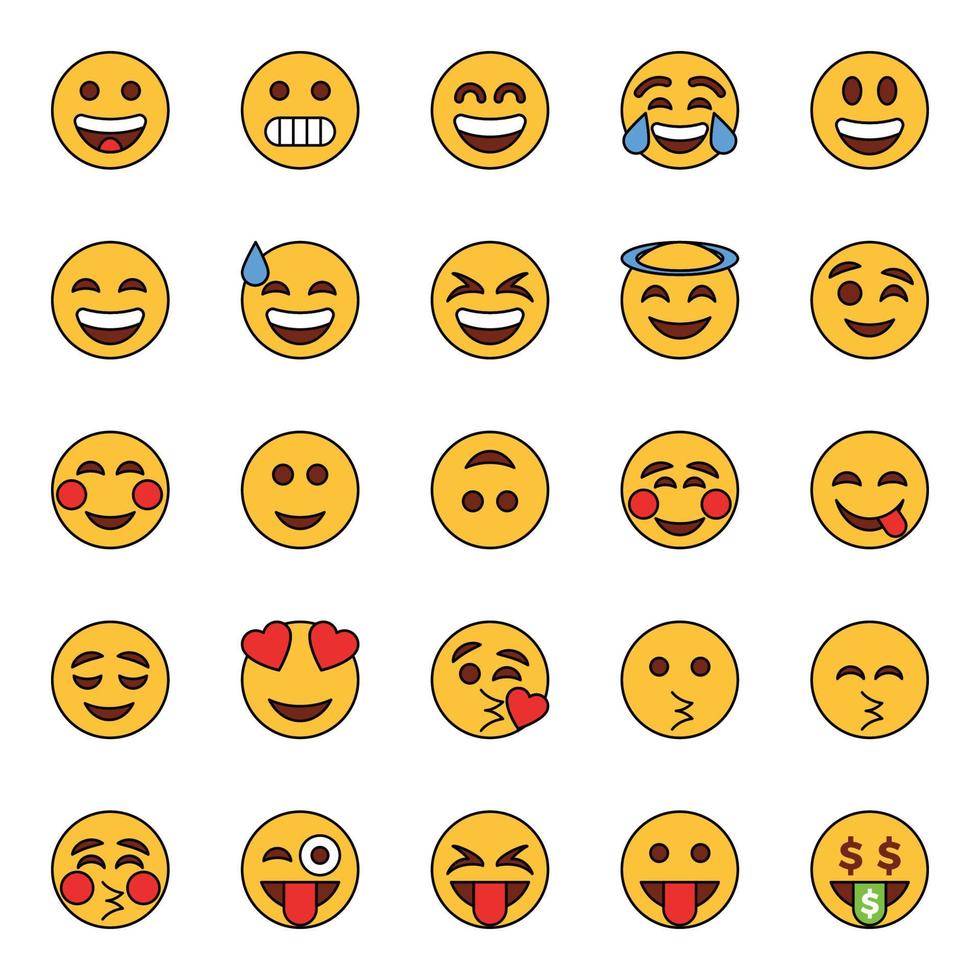 ícones de contorno de cor preenchidos para emojis. vetor