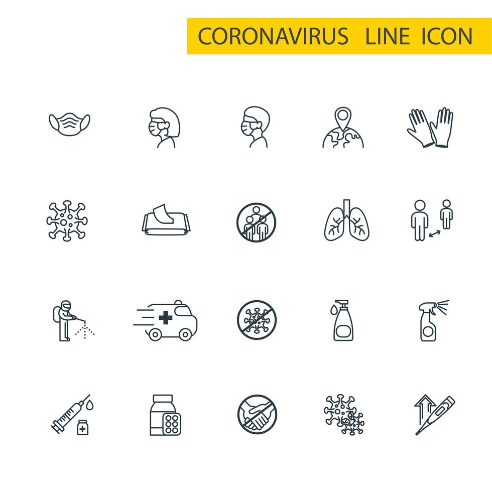 conjunto de ícones de linha fina de coronavírus, coleção de símbolos covid-19 vetor