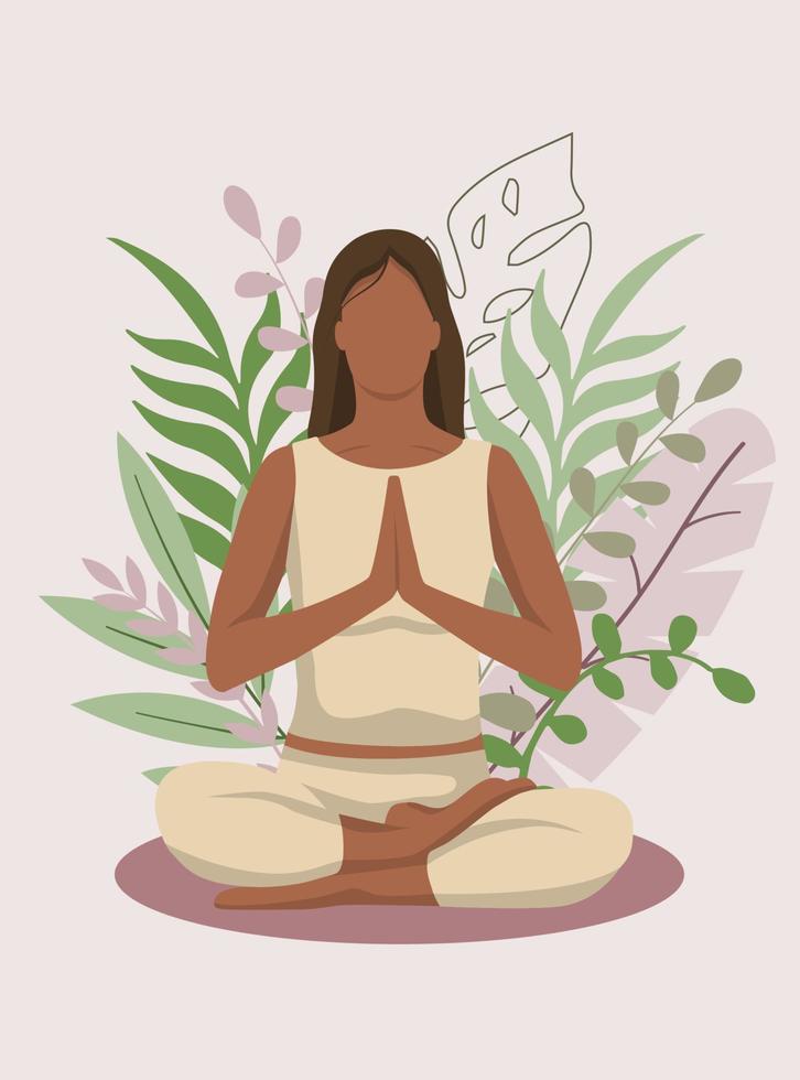 mindfulness, meditação e fundo de ioga em tons pastel vintage com mulheres sentam-se com as pernas cruzadas e meditam. ilustração vetorial vetor