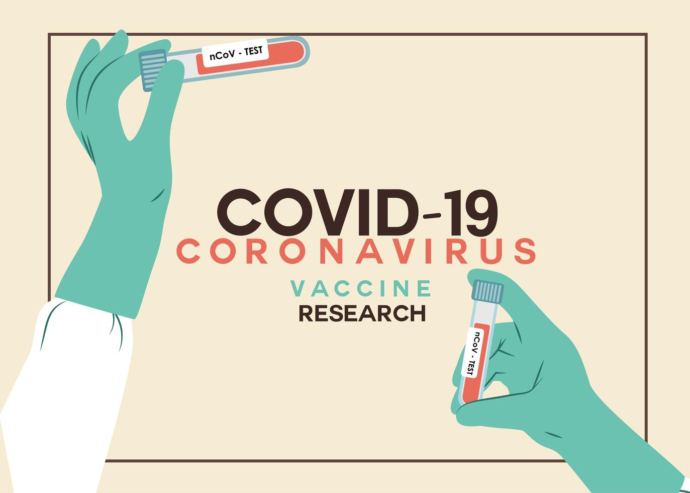 ilustração em vetor de mãos usando luvas segurando um tubo de ensaio de coronavírus com amostra de sangue ou vacina de vírus.