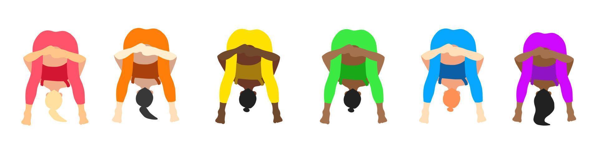 coleção de poses de ioga. europeu, africano, asiático. menina mulher feminina. ilustração vetorial em estilo cartoon plana isolado no fundo branco. vetor