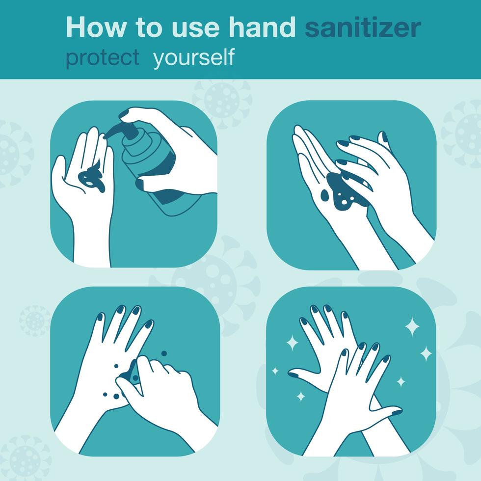 como usar desinfetante para as mãos corretamente, infográficos médicos. ilustração vetorial vetor