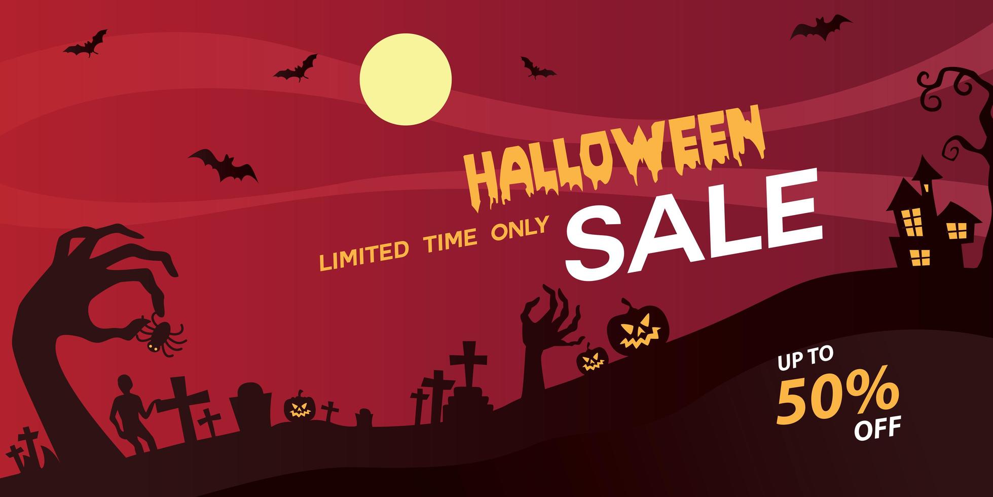 banner de halloween à venda com 50% de desconto. vetor
