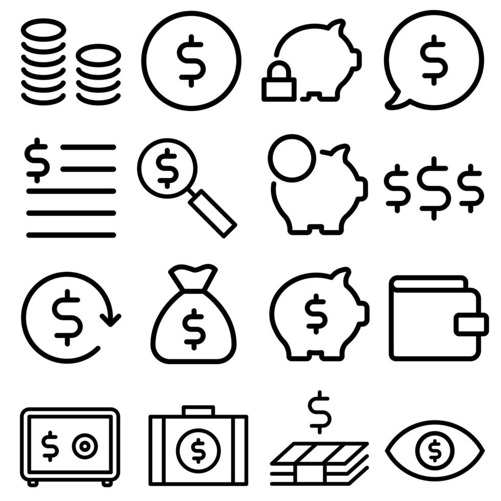 conjunto de vetores de ícone de dinheiro. coleção de sinal de ilustração de finanças. símbolo bancário.