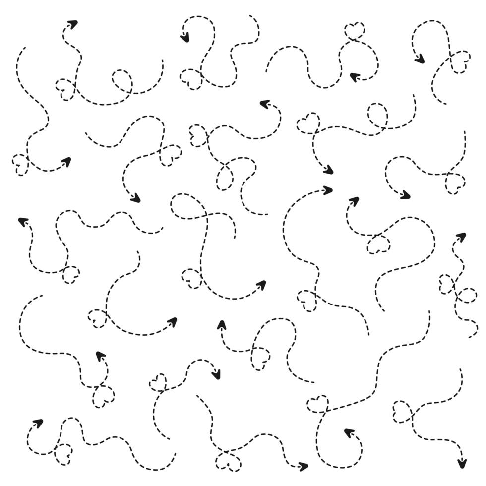 linhas de setas desenhadas à mão pontilhada com coração vetor