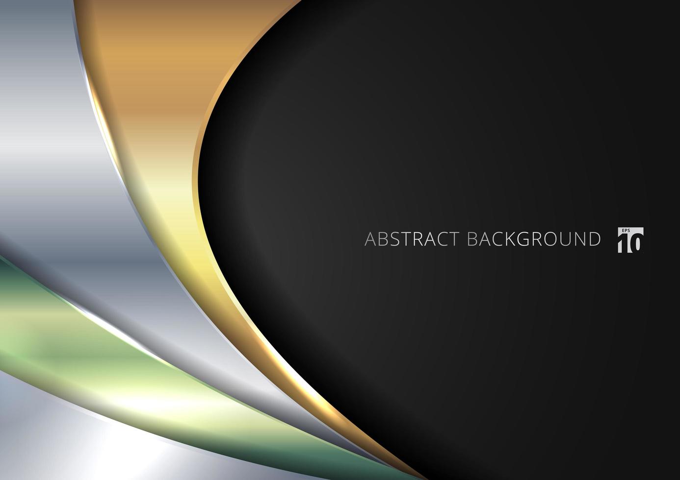 modelo abstrato brilhante camada de sobreposição de curva metálica dourada, prata, verde sobre fundo preto. vetor