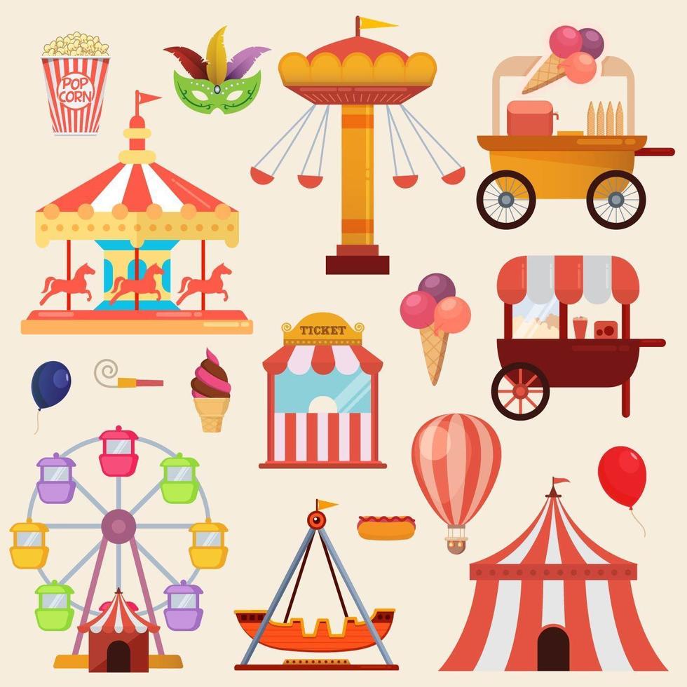 conjunto de carrosséis em ilustração vetorial de feira de diversões de carnaval vetor