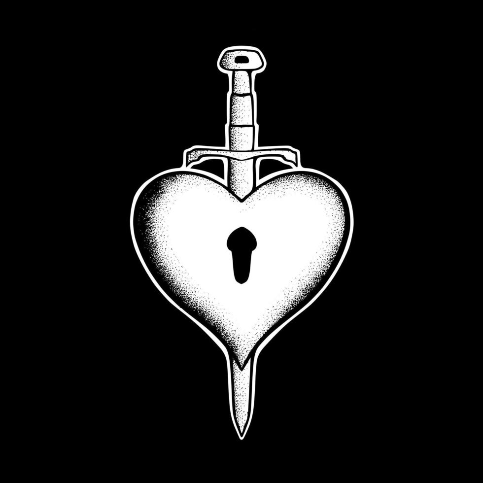 ilustração de arte de espada de coração desenhada à mão vetor preto e branco para tatuagem, adesivo, logotipo etc