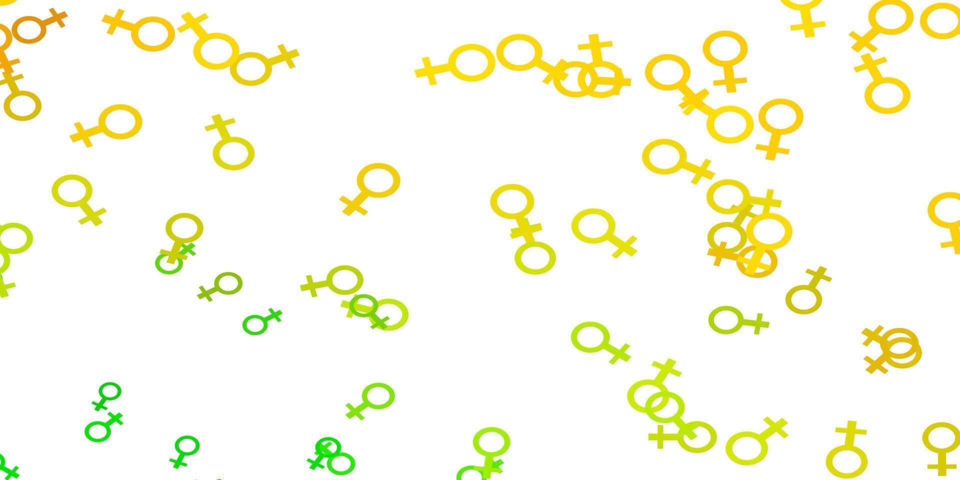 textura de vetor verde e amarelo claro com símbolos dos direitos das mulheres.