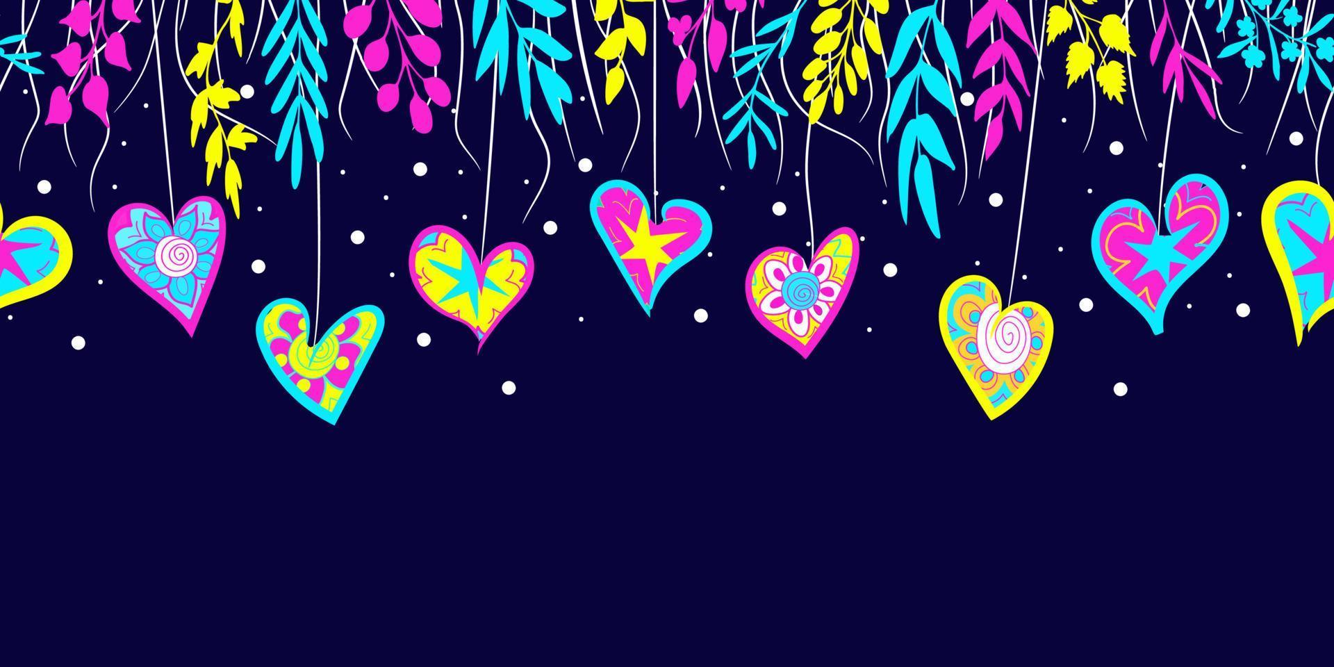 corações de papel doodle coloridos, pendurados em fios com ervas, folhas, sobre fundo azul escuro. design extravagante de dia dos namorados desenhado à mão, padrão infantil fofo. borda perfeita moderna simples com espaço de cópia vetor