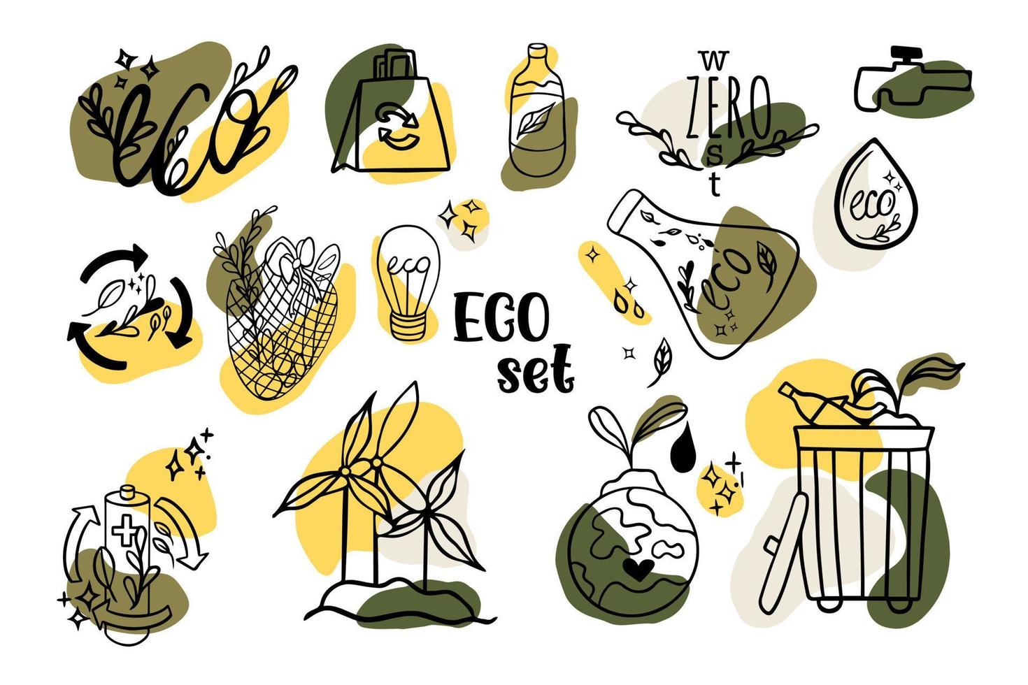 doodle set ecologia, reciclagem de lixo vetor