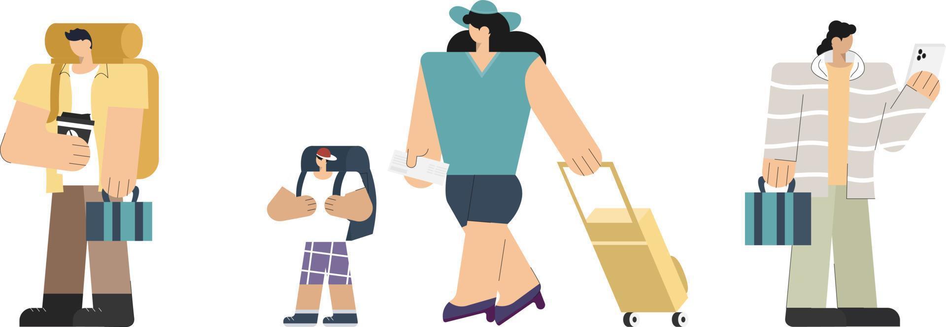 passageiro de personagem de desenho animado com bagagem e telefone celular andando no saguão de embarque do terminal do aeroporto esperando o voo de férias de férias de embarque vetor