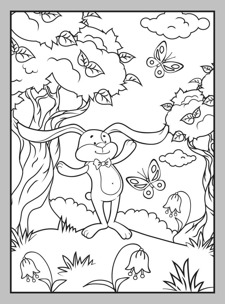coelhinha com uma borboleta em um gramado de verão. página para colorir. vetor