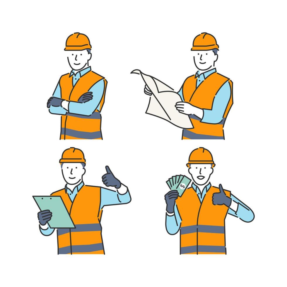 ícone de ilustração de um trabalhador em um traje de proteção laranja com uma expressão vetor