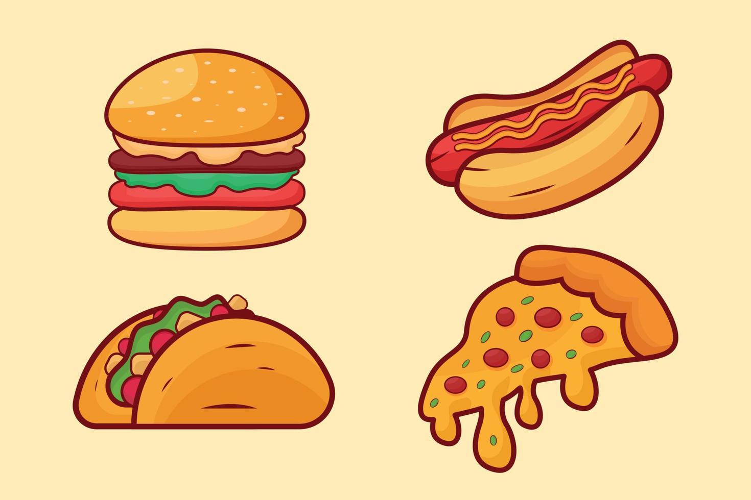 design de ilustração de fast-food com hambúrguer estilo cartoon pizza de cachorro-quente e sanduíche vetor