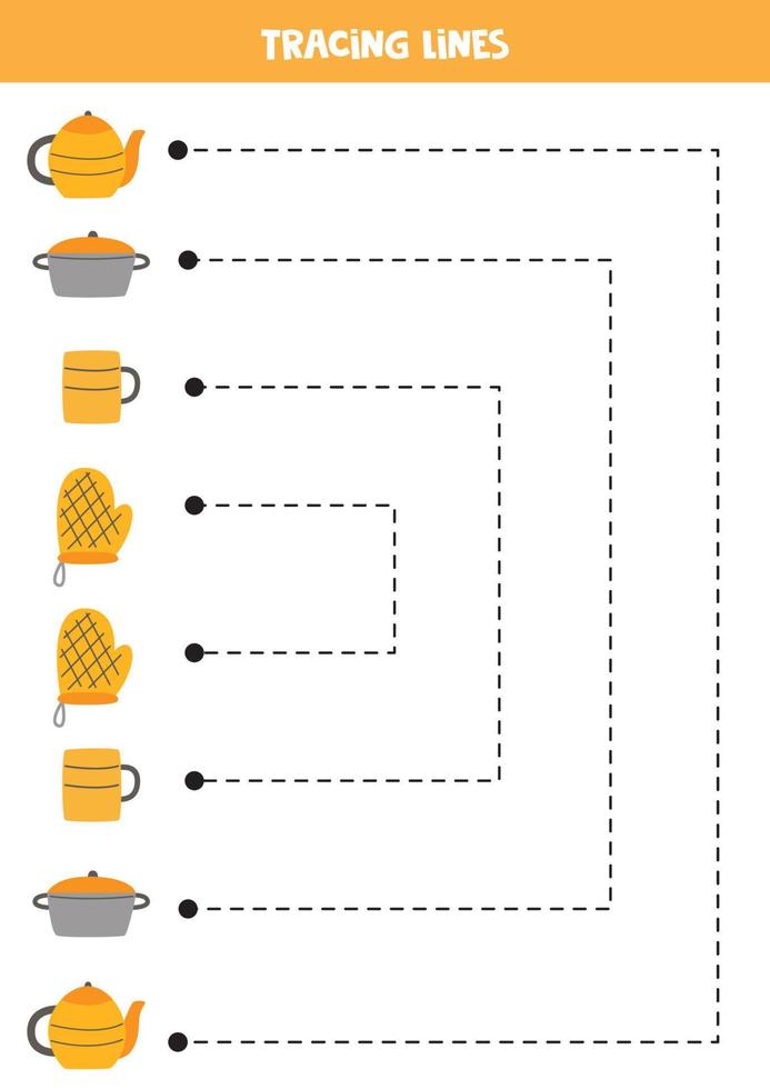 linhas de rastreamento para crianças. utensílios de cozinha dos desenhos animados. vetor