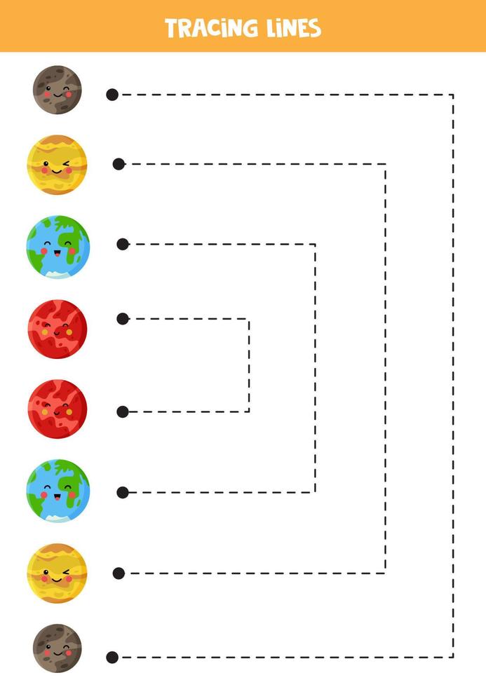 linhas de rastreamento para crianças. planetas do sistema solar dos desenhos animados. vetor