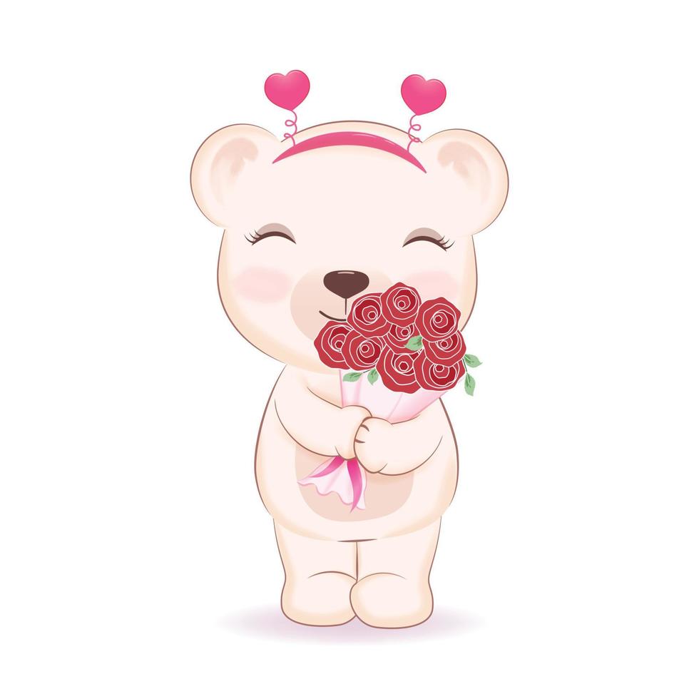ursinho fofo e buquê de rosas, ilustração do conceito de dia dos namorados vetor