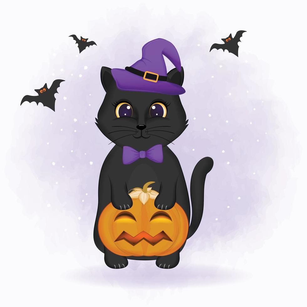 gato preto com ilustração de halloween de animal de desenho animado desenhado à mão de abóbora vetor