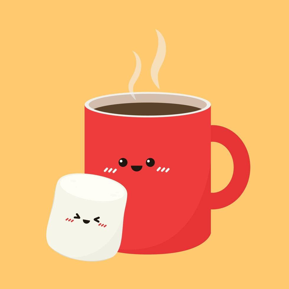 pilha de marshmallows no cacau. cacau com marshmallow em um copo vermelho. uma caneca de chocolate quente ou cacau em que marshmallows. ilustração em vetor plana. design de personagens de sobremesa.