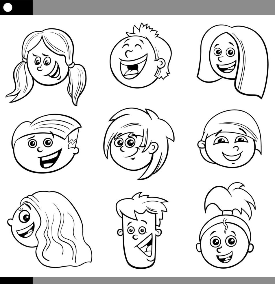 conjunto de rostos de crianças ou adolescentes dos desenhos animados para colorir página vetor
