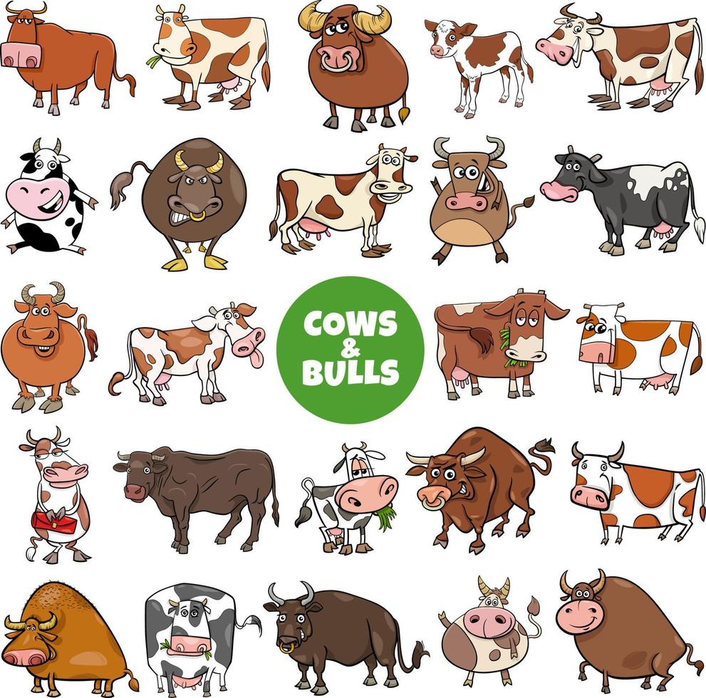 conjunto grande de personagens de animais de fazenda de vacas e touros de desenhos animados vetor