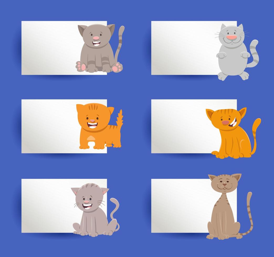 conjunto de design de cartões com gatos ou gatinhos de desenho animado vetor