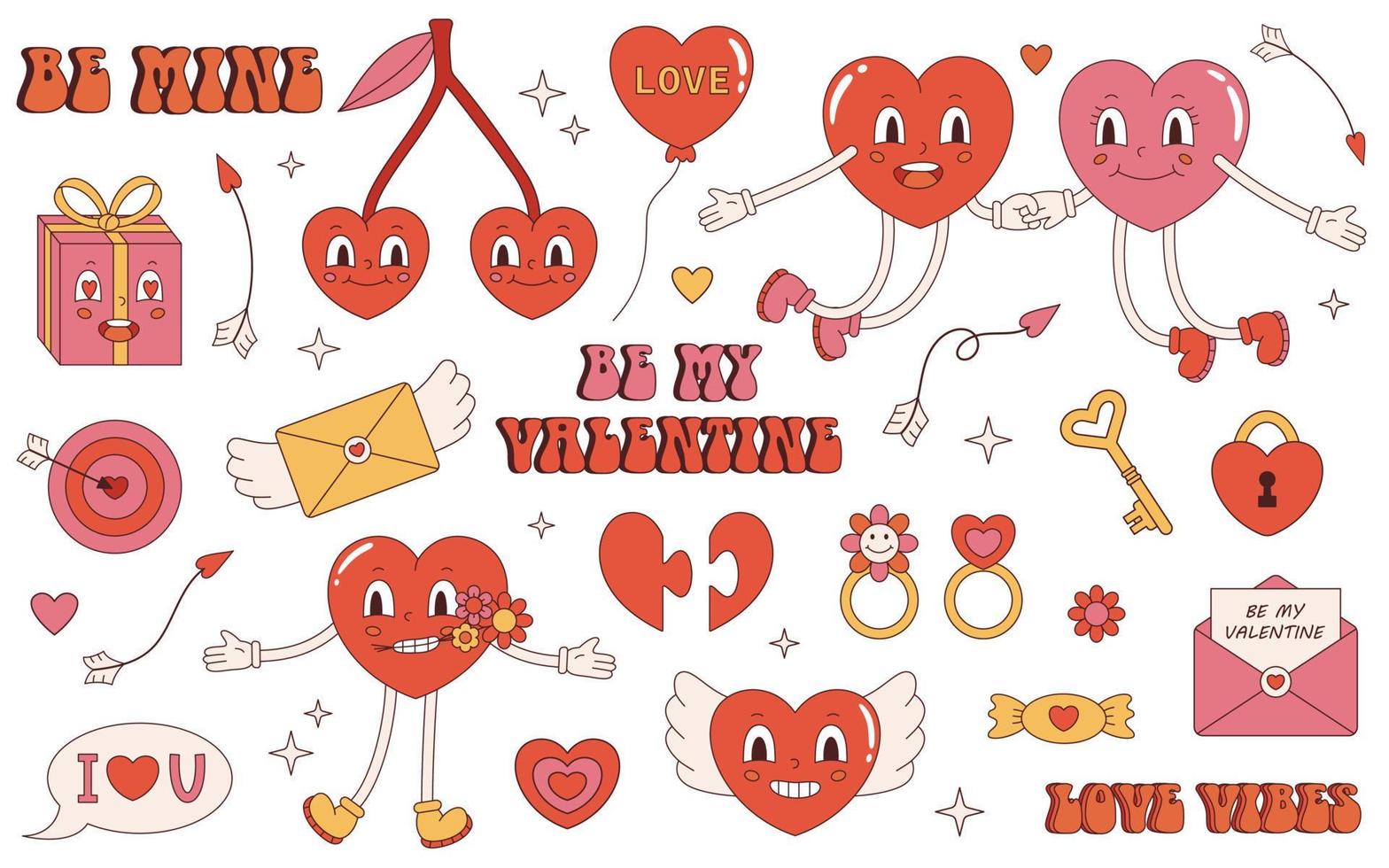 conjunto de amor retrô de vetor. coleção de adesivos de corações y2k. feliz Dia dos namorados. cartas de amor e corações no estilo cartoon dos anos 70. ilustração vintage rosa, vermelha e amarela em design plano. vetor