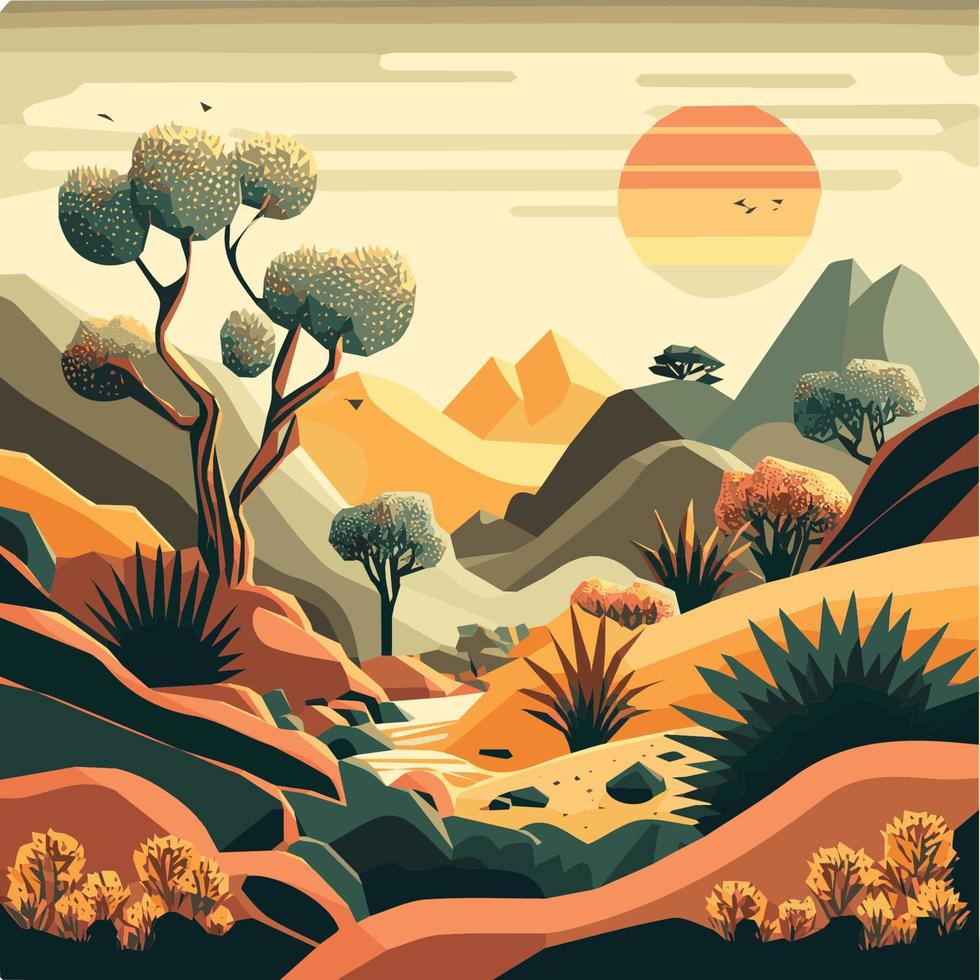 ilustração de paisagem plana de natureza em estilo cartoon funky, ilustração plana de paisagem de natureza colorida estilo cartoon funky vetor