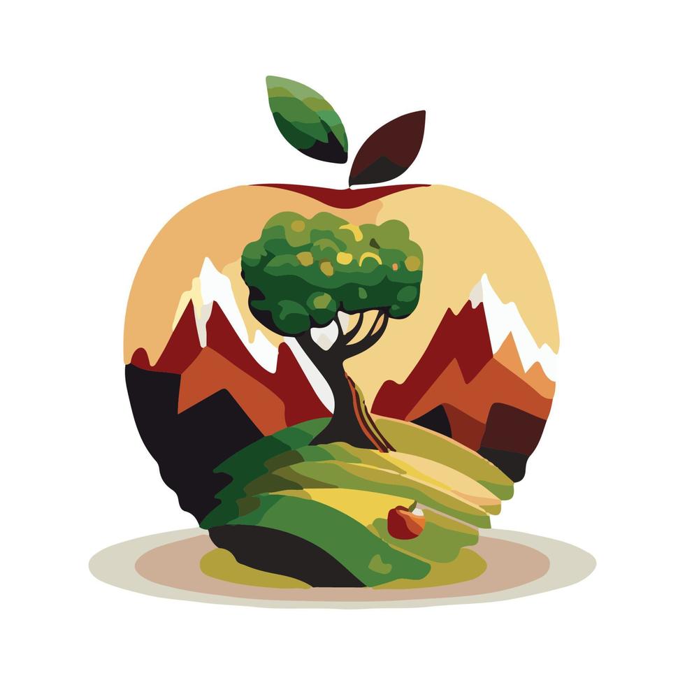 ilustração de paisagem plana de natureza em forma de maçã, ilustração de paisagem plana de forma de maçã vetor