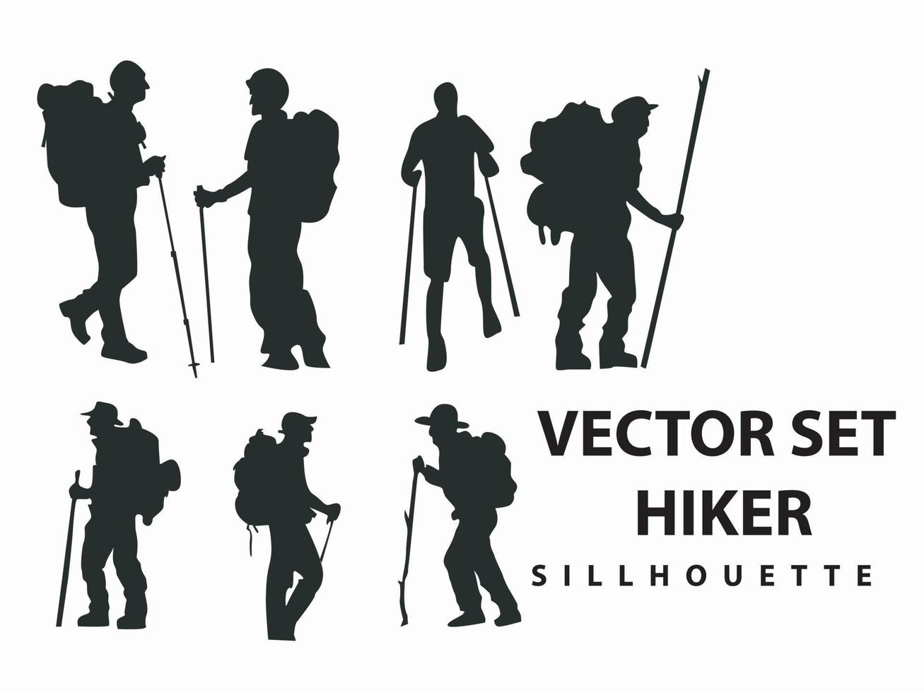 conjunto vetorial de silhuetas de estilo diferente de aventura de alpinista e mochileiro, escalada, acampamento, montanha, isolado no fundo branco vetor