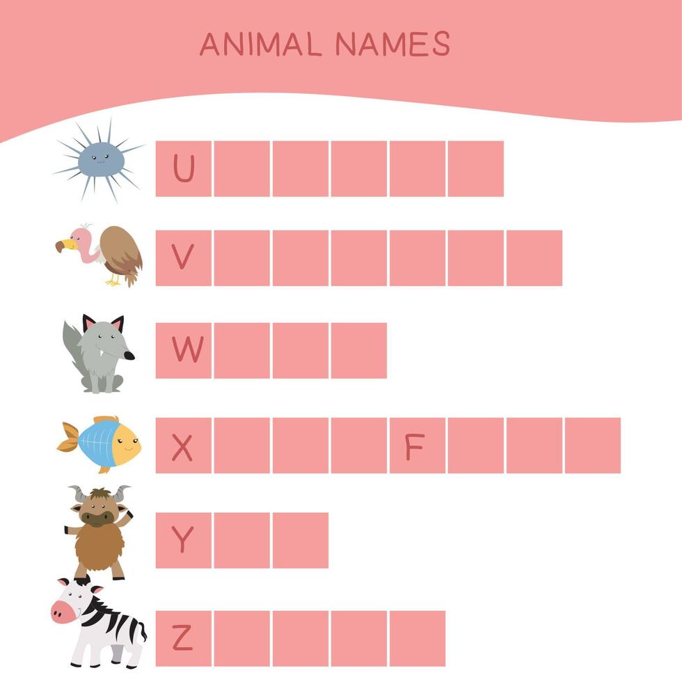 planilha de nomes de animais. planilha para pré-escola. prática da escrita. arquivo vetorial. vetor