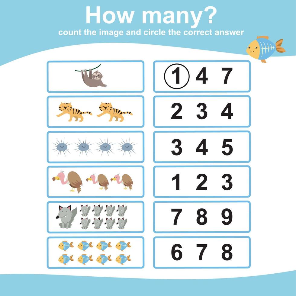 conte e circule a resposta para as crianças. planilha matemática imprimível para pré-escola. planilha educacional imprimível. ilustração vetorial. vetor