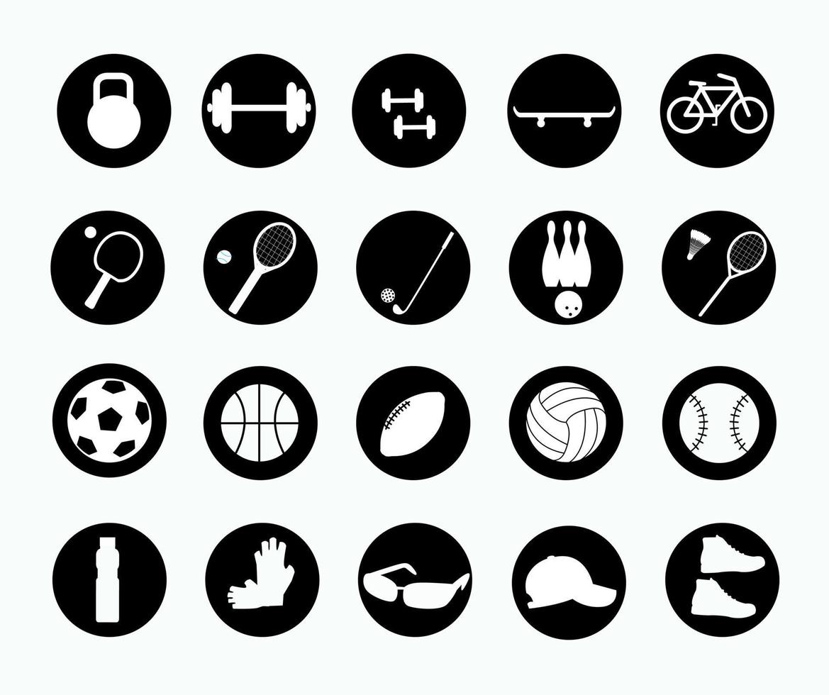conjunto de ícones redondos de esportes. coleção de 20 símbolos vetoriais em círculos. equipamentos esportivos. vetor