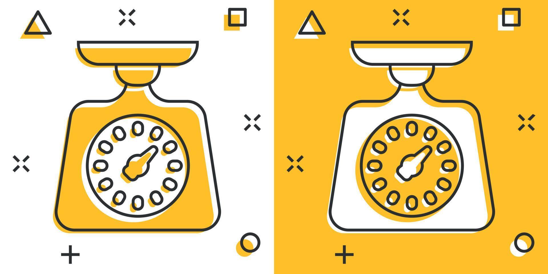 ícone de escala de peso em estilo cômico. ilustração em vetor dos desenhos animados medição em massa no fundo isolado. conceito de negócio de sinal de efeito de respingo com excesso de peso.