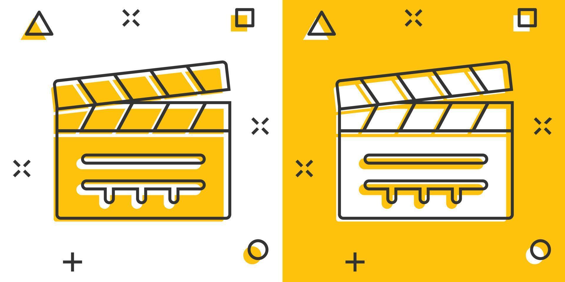 ícone do filme em estilo cômico. ilustração em vetor filme dos desenhos animados sobre fundo branco isolado. conceito de negócio de efeito de respingo de vídeo badalo.