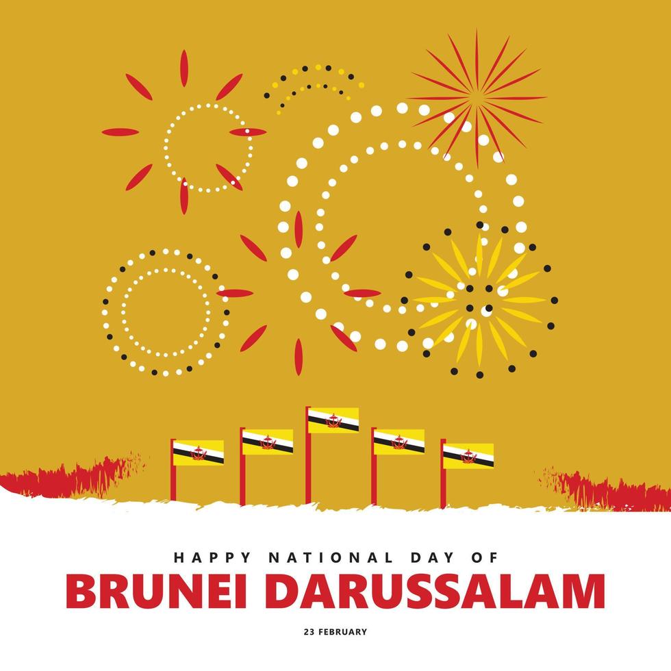 ilustração vetorial do dia nacional de brunei com suas bandeiras nacionais vetorizadas e fogos de artifício em fundo amarelo. feriado do país do sudeste asiático. vetor