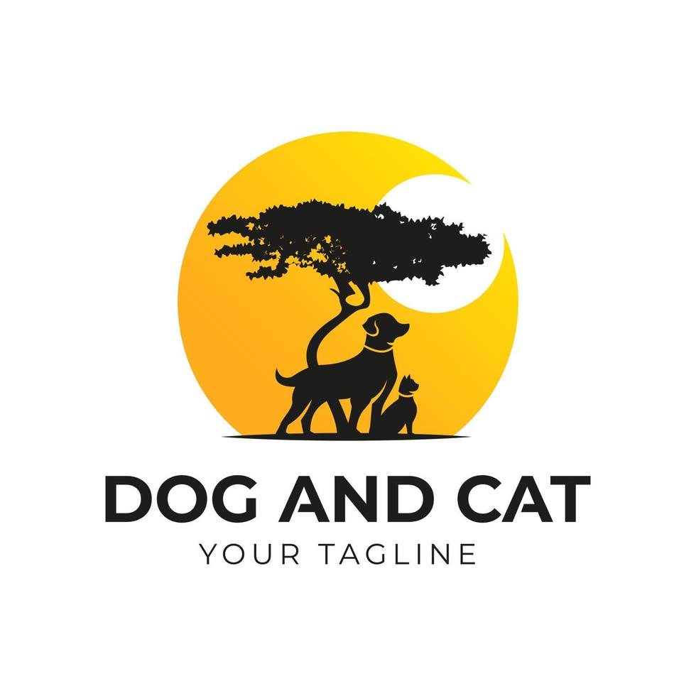 árvore de acácia com silhueta de cachorro e gato para aventura de safári. vetor de design de logotipo do nascer do sol
