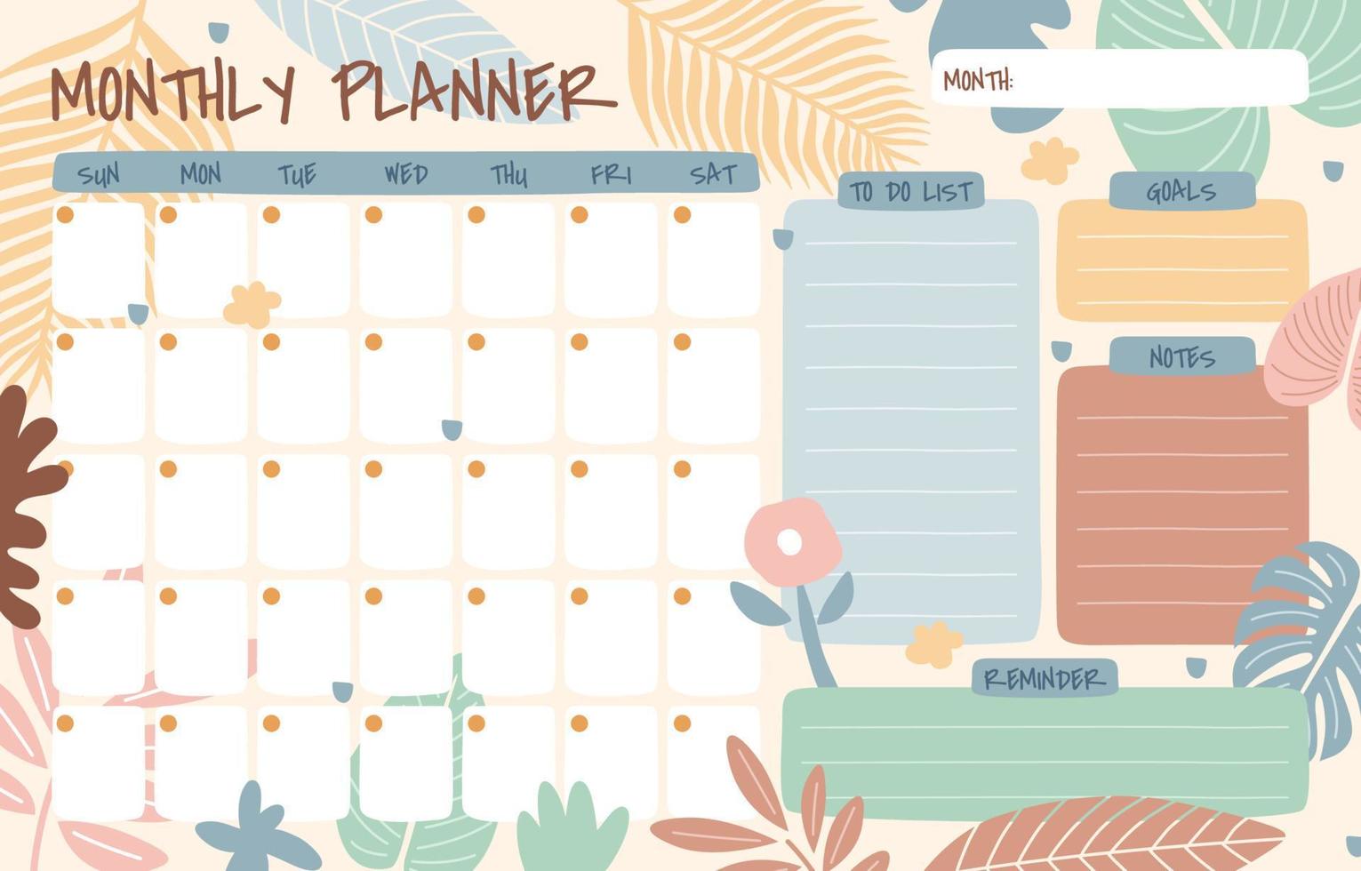 modelo de planejador mensal com elementos florais orgânicos vetor
