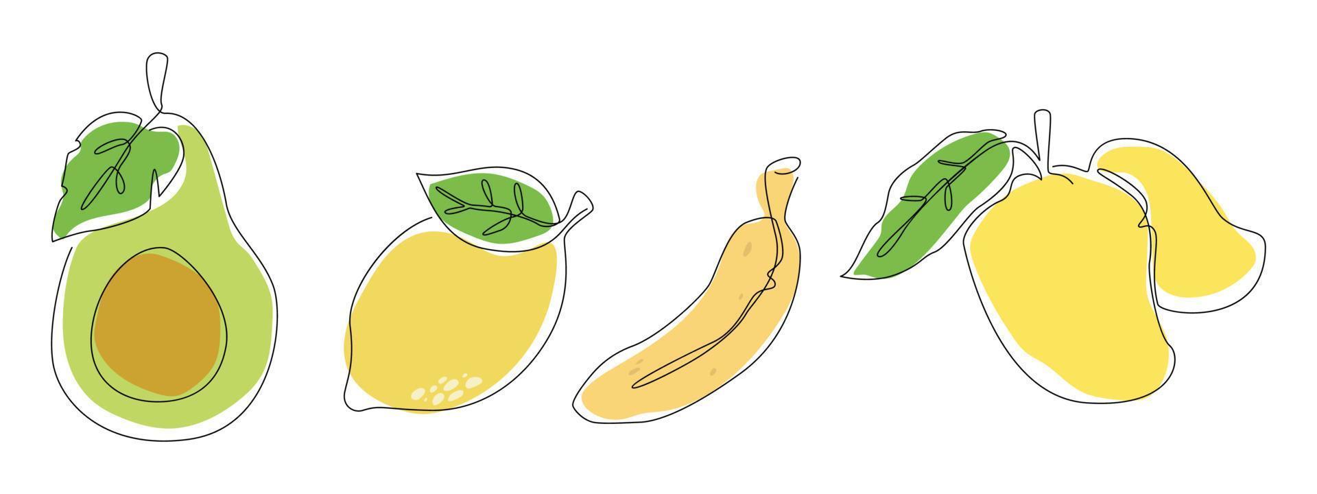 definir o gráfico vetorial de ilustração de coleção de abacate, nade de limão, banana e manga no estilo moderno e contemporâneo de colagem. vetor