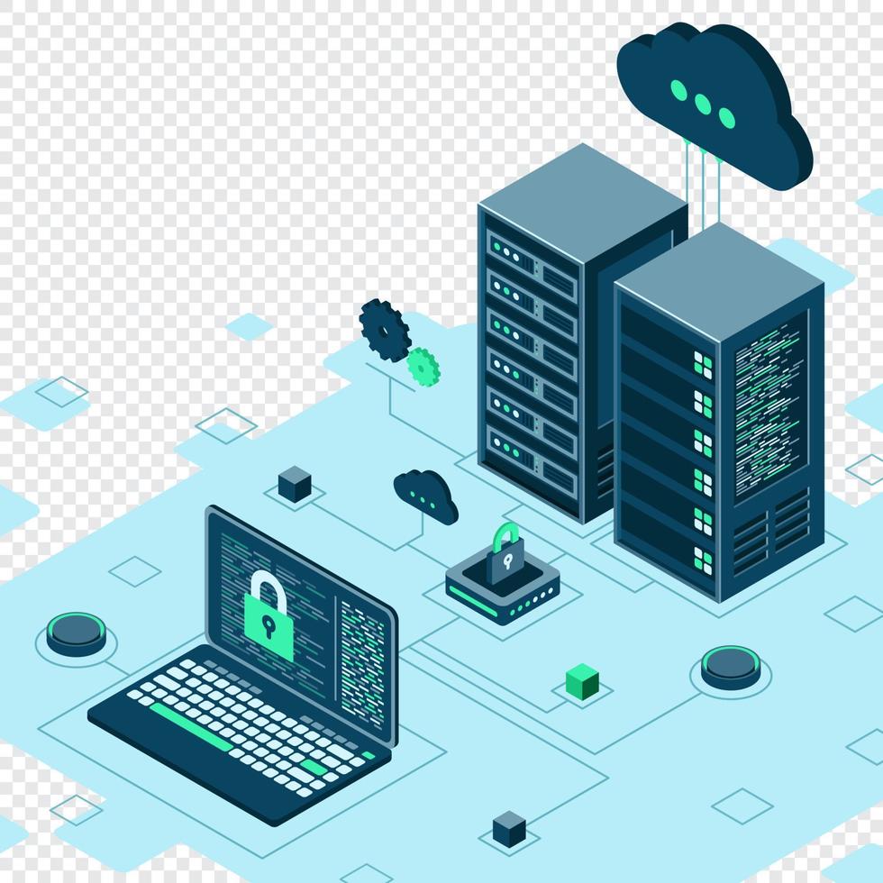 segurança de dados cibernéticos. conceito isométrico de segurança na internet. sala de servidores conectada com laptop através de hub protegido. computação internet tecnologia digital. ilustração vetorial vetor
