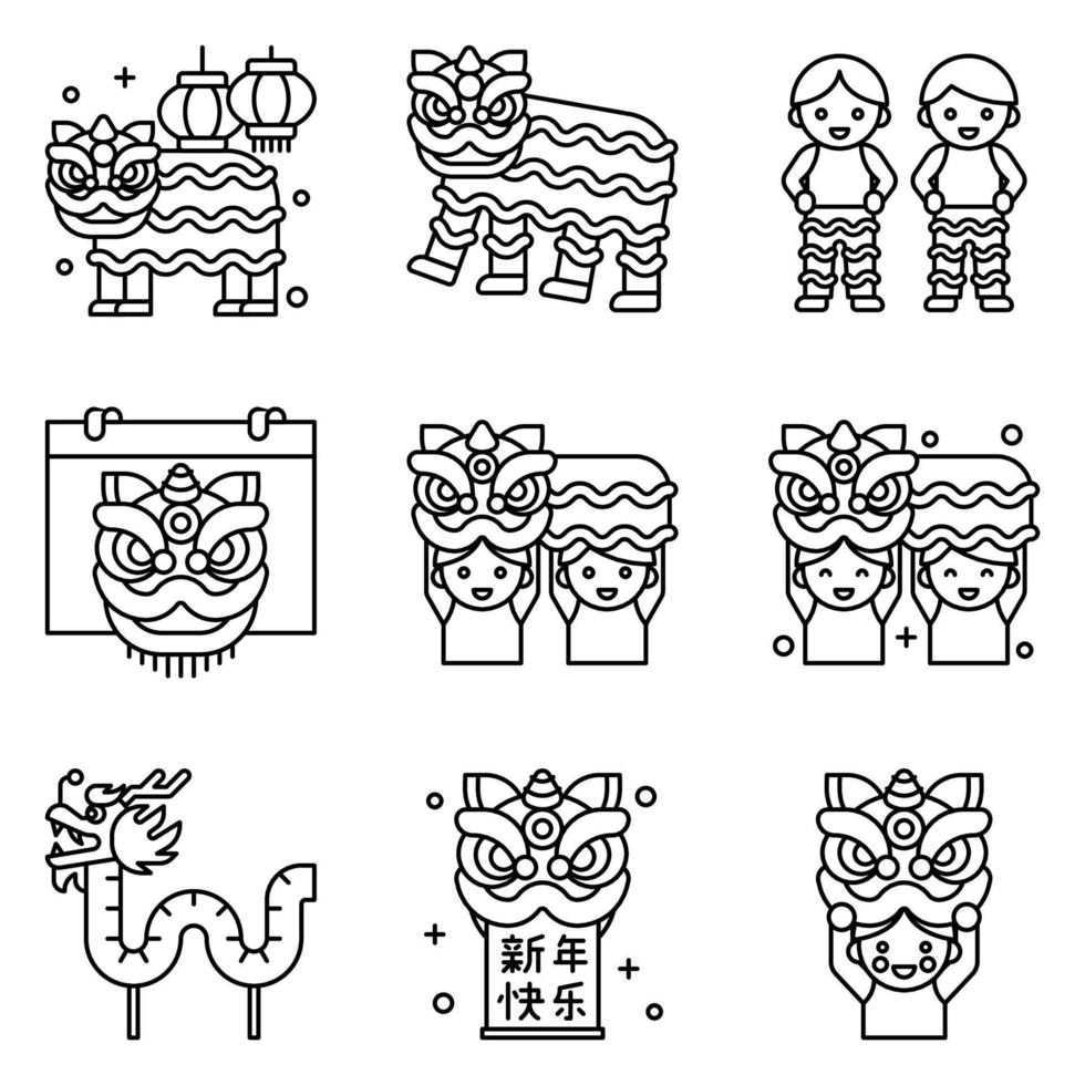conjunto de ícones vetoriais relacionados à dança do leão 2 vetor